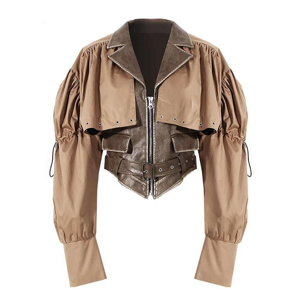 2025 New Autumn And Winter Fashion Women Clothes Turn-Down Collar Full Sleeves Spliced PU Leather Patchwork Jacket Wt264