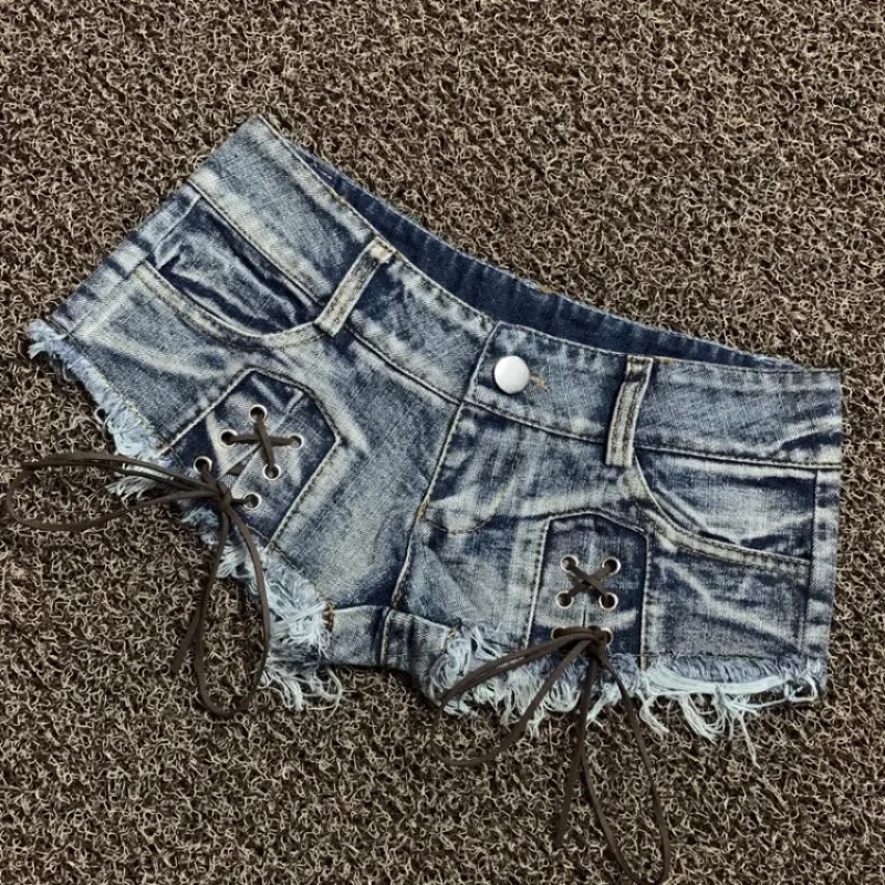 Womens Light Blue Denim Shorts Y2k Lace-up Mini Short Pants Harajuku Vintage Low Waist Jeans 2000s Trashy Clothes Summer 250303