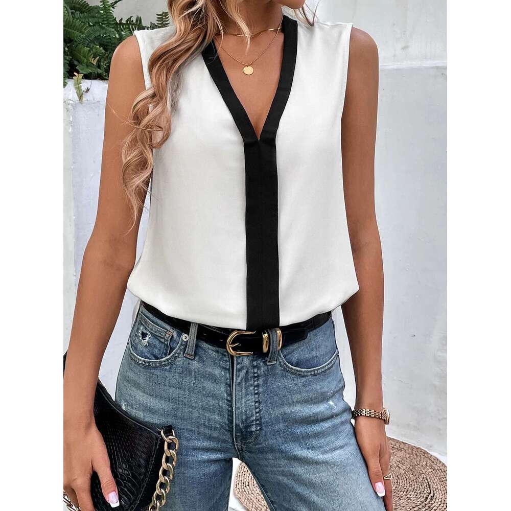 Small Elegant fashion V-neck sleeveless color contrast fine edge casual women's vest shirt