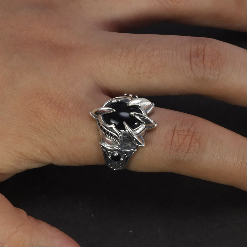 Real Pure 925 Silver Ring Cool Antique Paw Ring Mens Natural Stone Oval Black Agate Retro Hip Hop Adjustable Jewelry 250227