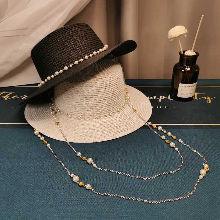 2023 Summer Elegant Pearl Chain Flat Sun Hats for Women Cheau Feminino Str Hat Panama Wide Brim Anti-UV Beach C Girl HatXJ250304