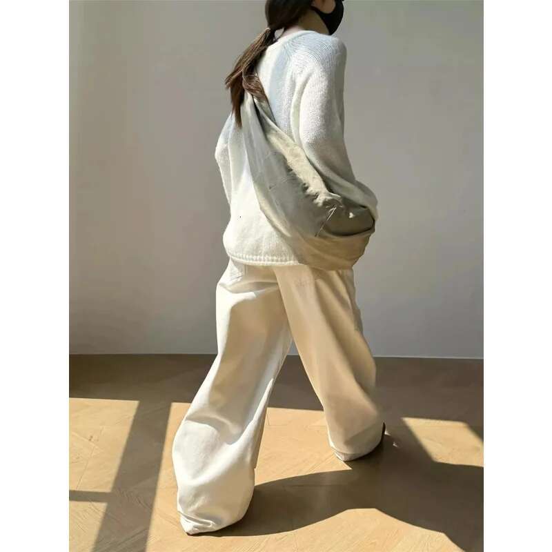 Off White Women Y2k Hip Hop Vintage High Waisted Jeans Straight Streetwear Casual Loose Large Size Wide Leg Denim Pants