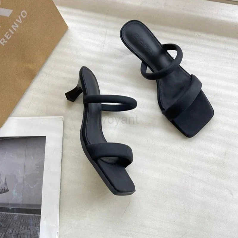 Open Toe High Heeled Sandals Wens 2023 Summer New Square Thick Heel Mid-heel Slippers Z250304