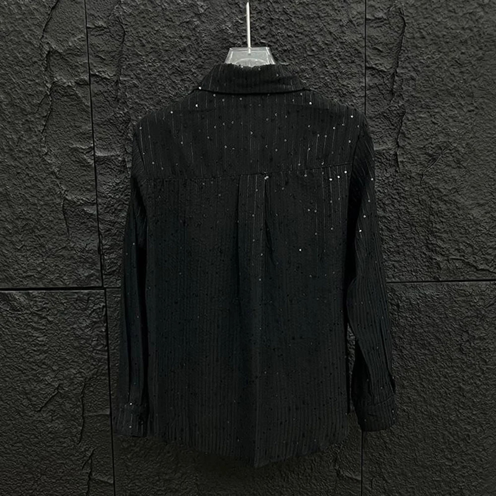 Summer Niche Glitter Loose Shirt Mens US Street Trend High End Shoulder Pads Y2k Long Sleeve Shirt 250227