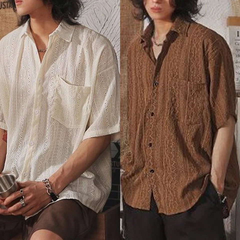 Men Casual Loose Hollow Out Short Sleeve Shirts with pockets Retro Fashion VacationDaily All-Match Tops Solid Color 250304