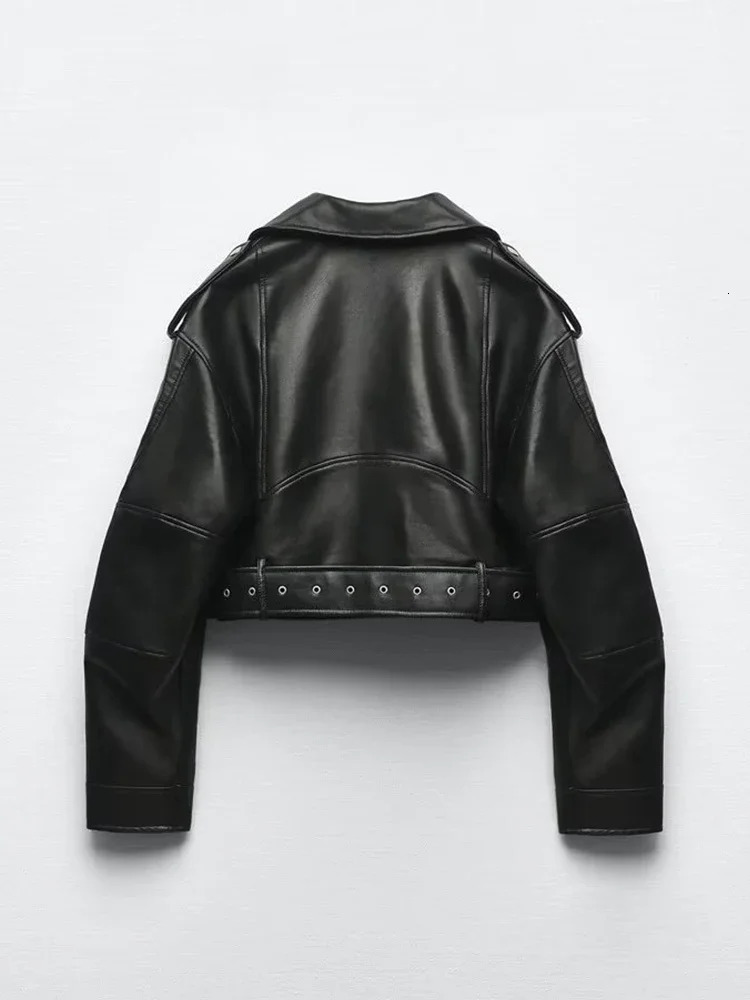TRAF womens oversized retro loose Pu synthetic leather short sleeved jacket with belt streetwear zipper motorcycle 250226