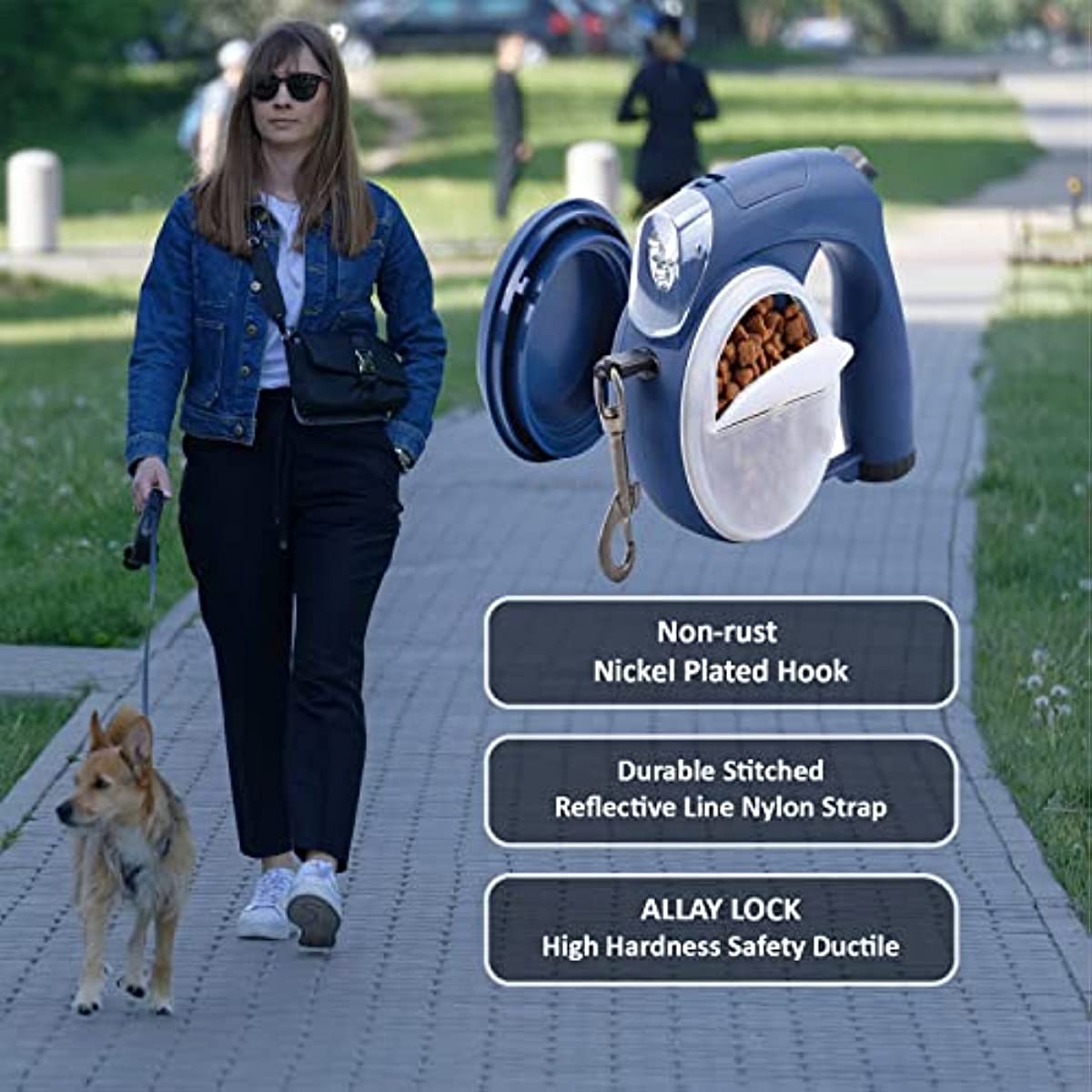 Retractable Dog Leash with Light for Night Walking Pet Leash with Poop Bag Water Bowl Food Box 13 FT Strong Dog Leash