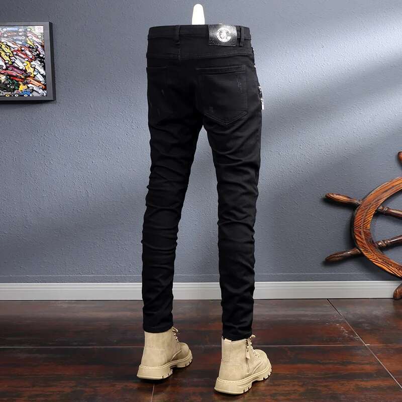 Streetwear Fashion Black Elastic Slim Fit Destroyed Ripped Jeans Zipper Designer Hip Hop Punk Denim Pencil Pants Men