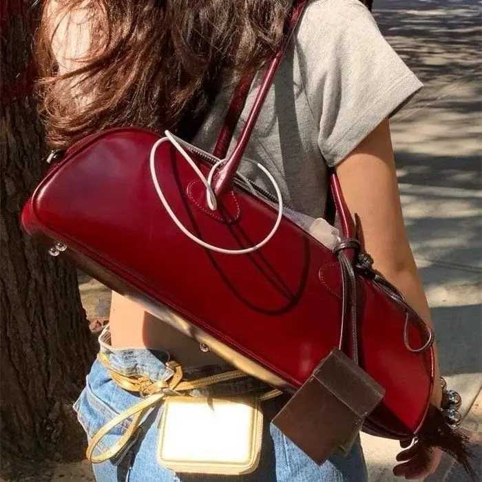 Vintage Large Bowling Handbag Korean Fashion Y2k Underarm Bags Designer Wine Red Shoulder Bag Simple Big Square Handbags New Z250303