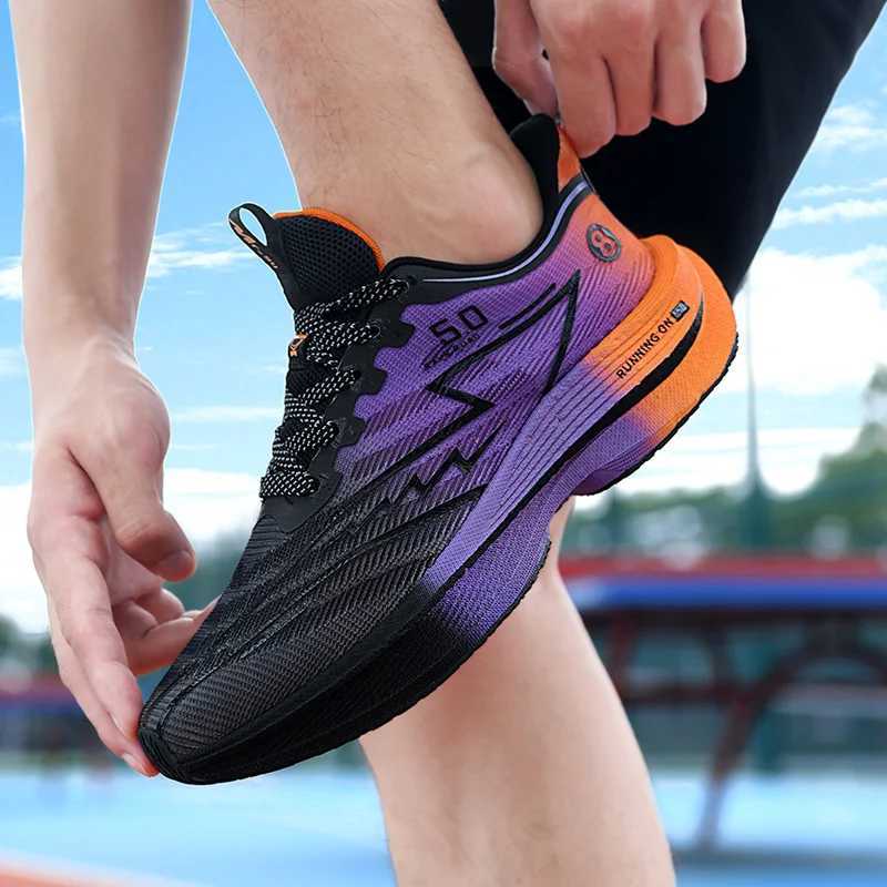 Mens Shoes Carbon Plate Cushioning Road Running Shoes Fashionable Printed Lace Up Tennis Shoes Non-slip Breathable Sports Shoes Z250304
