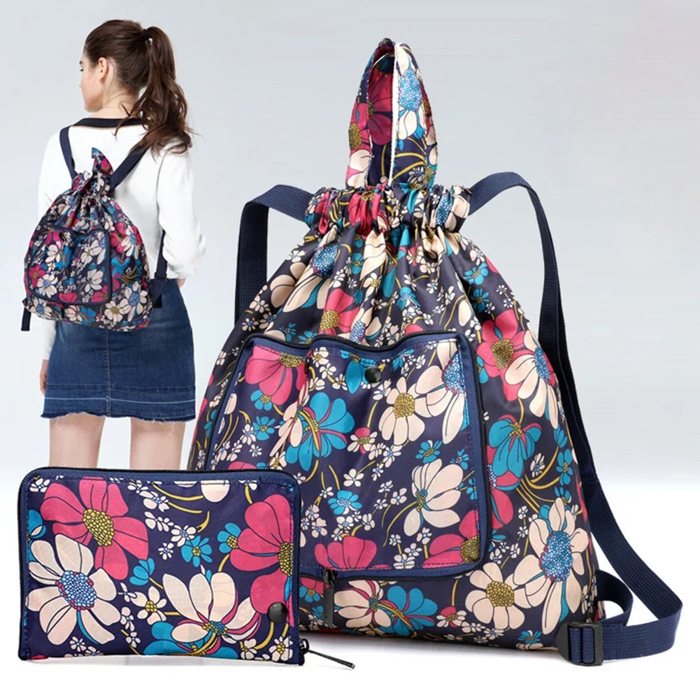 Ship from US Foldable Women Backpack Drawstring Shopping Bag Portable Waterproof Antitheft Large Capacity Ultralight Outdoor Sport Yoga 250304FBB