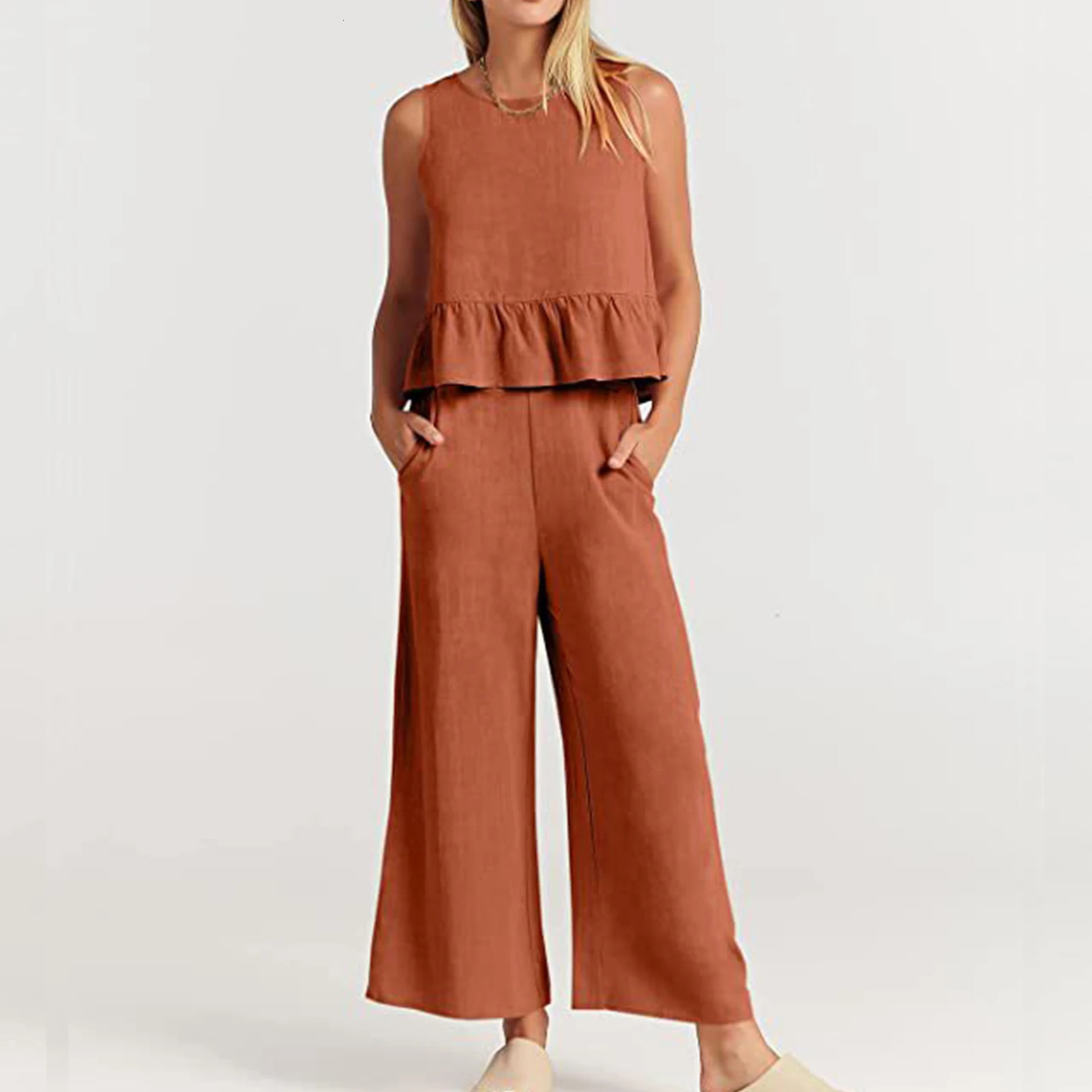 Womens 2piece long pants set with square neckline cotton summer loose fit solid color sleeveless daily clothing 250225