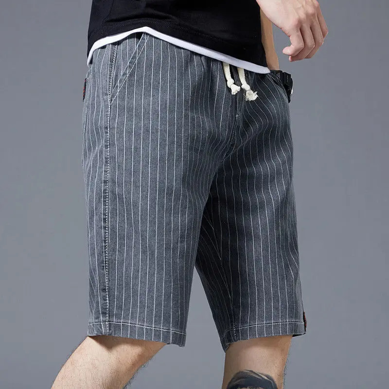 Summer Men Casual Striped Denim Shorts Koreon Streetwear Fashion Elastic Waist Baggy Male Thin Beach Sports Knee Length Jeans 250304