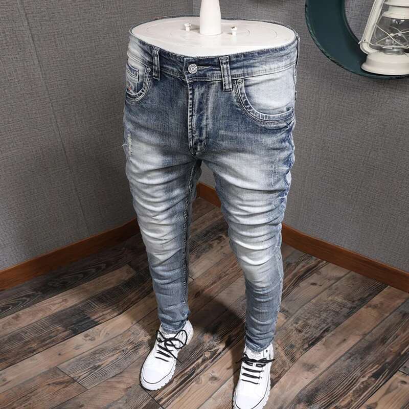 Fashion Designer Retro Light Blue Stretch Slim Fit Printed Ripped Jeans Men Hole Trousers Vintage Casual Pants Hombre