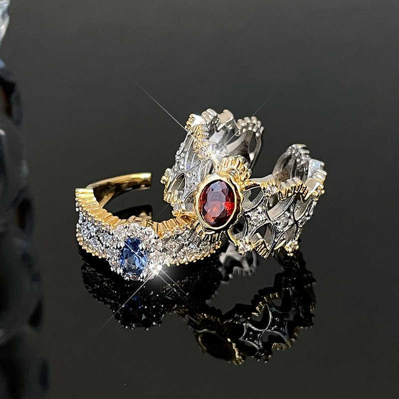 Couple Rings Italian woven pattern carved gold lace two tone gold inlaid diamond red treasure color treasure ring Bratti open ring for women H25303
