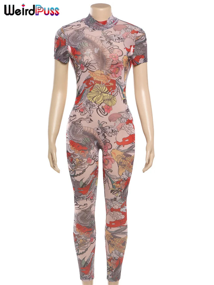 Weird Puss See Through Jumpsuit Women Backless Dragon Print Short Sleeve Fitness Activity Workout Overalls Slim Stretch Clubwear 250303