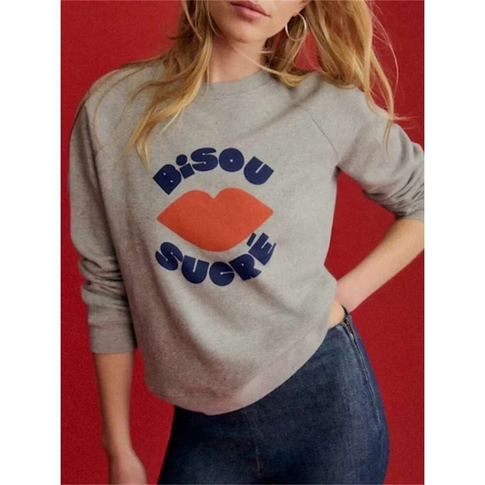 Women's Sweatshirt Alphabet Lip Pattern Print Gray Fashion Long Sleeve Round Neck Lady Casual Top 2025 Spring