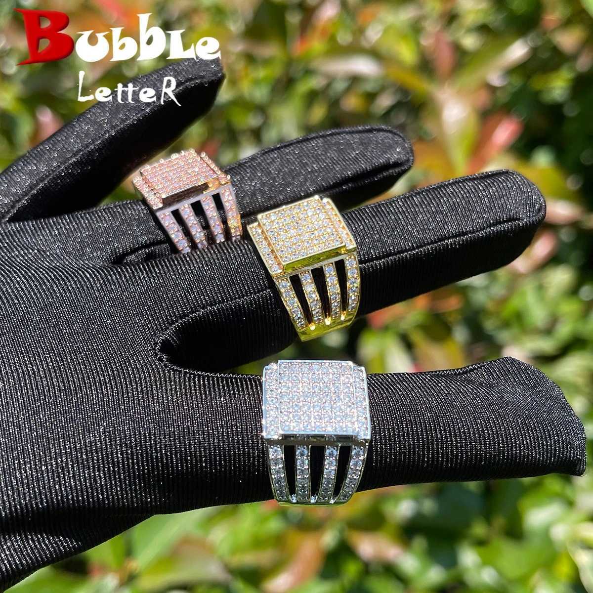 Couple Rings Wind hip-hop square zircon ring with four rows of hollowed out side fashionable and personalized trendsetter ring H25303