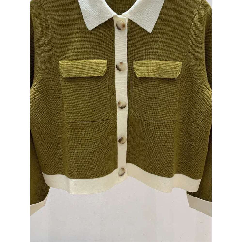 Women Contrast Color Wool Knit Cardigan Fashion Single Breasted Turn-Down Collar Female Double Pockets Sweater Coat Top