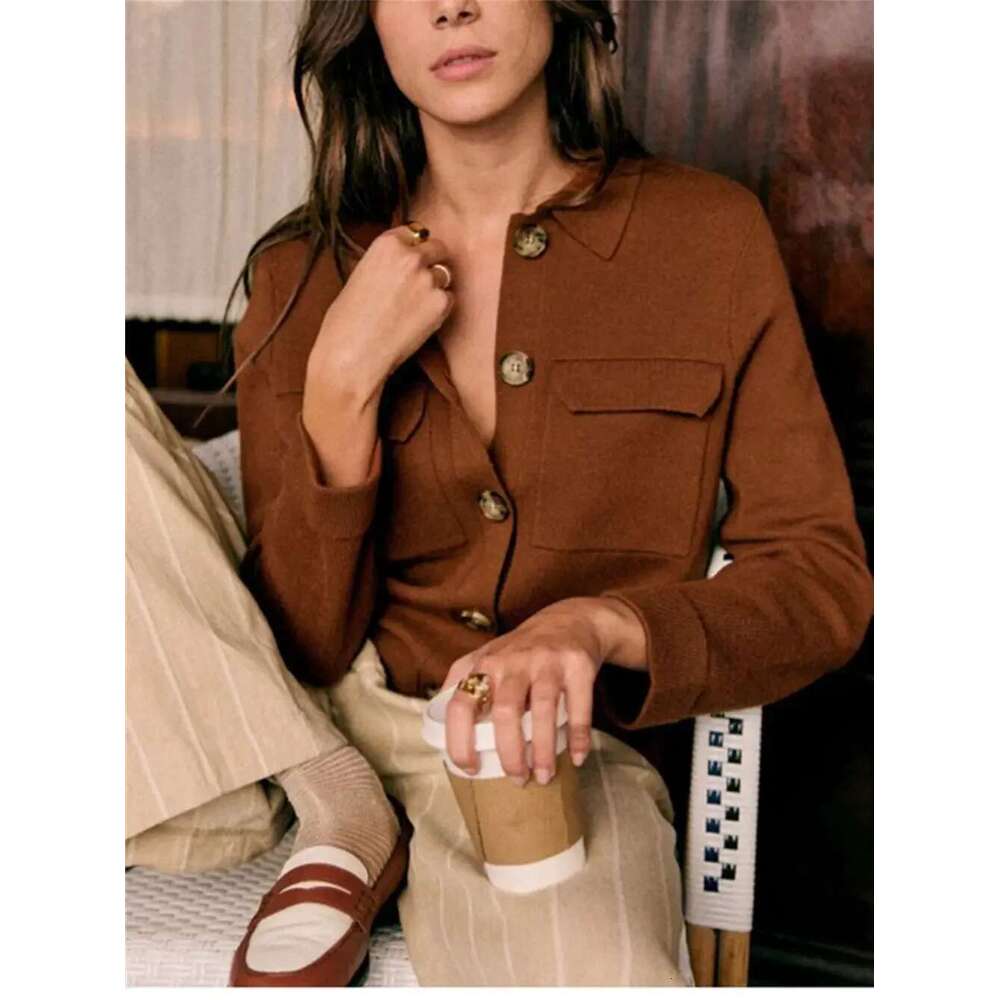 Women Knit Cardigan Solid Color Turn-Down Collar Knitwear Top Single Breasted Simple Sweater With Double Pockets For Female
