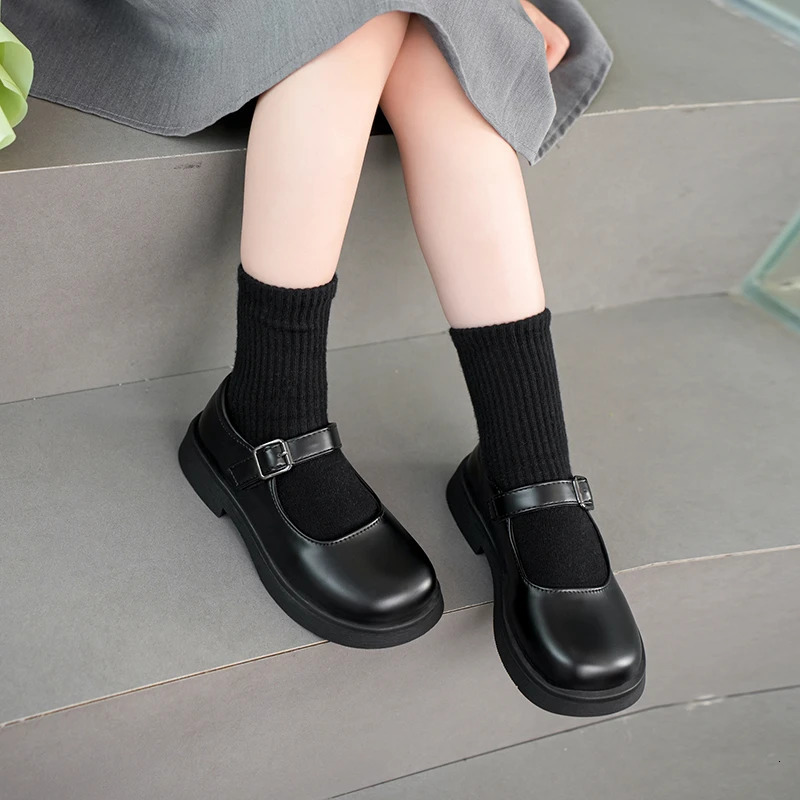 Girls Leather Shoes Versatile Buckle Black Children Casual School PU Nonslip Kids Fashion Loafers Korean Style 250303