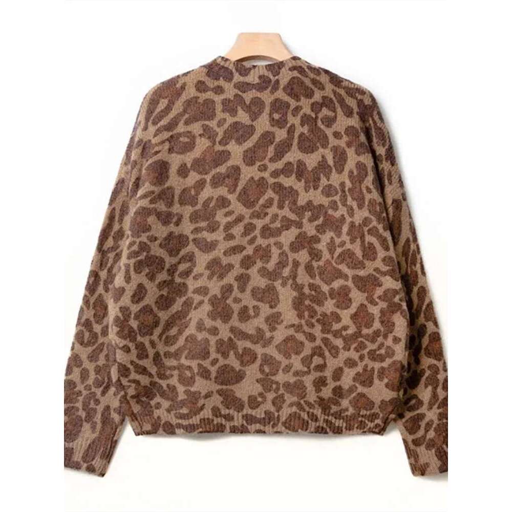 Women Leopard Jacquard Knit Sweater All-Match Spring 2025 New Ladies O-Neck Long Sleeve Loose Casual Pullover Tops
