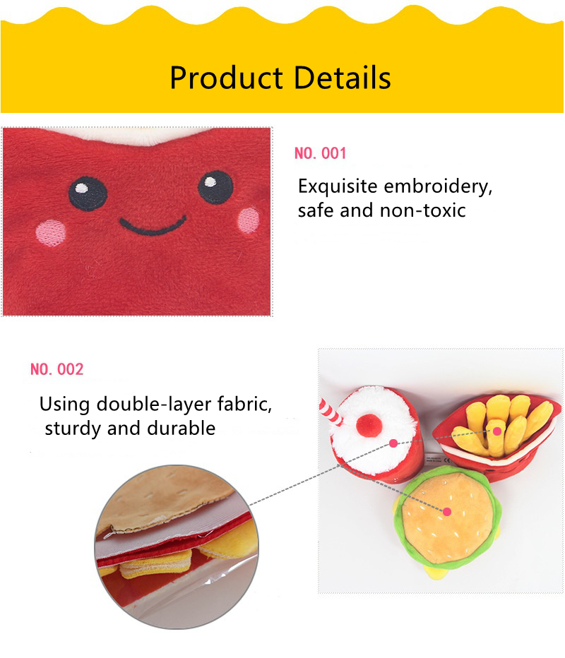 Plush Squeaky Dog Toys Hamburgers, French Fries, Pizza, Food Shaped Puppy Toys with Squeakers, Food Themed Toys for Small Medium Large Dog Breeds E13