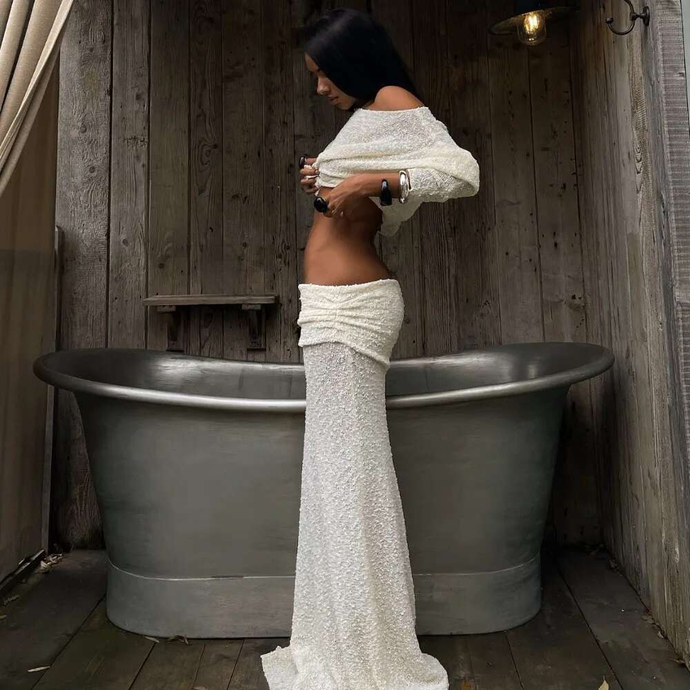 Summer Knit Beach Sets Women Sexy See Through Holiday Two Piece Outfits Long Sleeve Top And Maxi Skirt Matching Set 2025