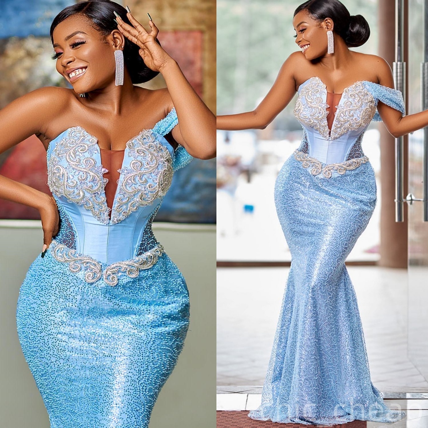 Sky Blue Mermaid Prom Dresses 2025 Lace Beaded Sequined Sweertheart Evening Formal Party Second Birthday Engagement Gowns Plus Size Dress For Special 