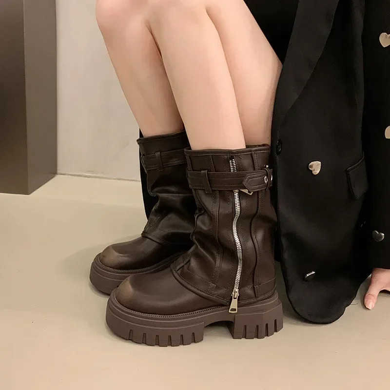 Autumn Winter Wen Mid-Calf Boots Belt Buckle Boots Punk Zipper Boots Fold Motorcycle Boot Platform Boot Botas Para Mujer Z250304
