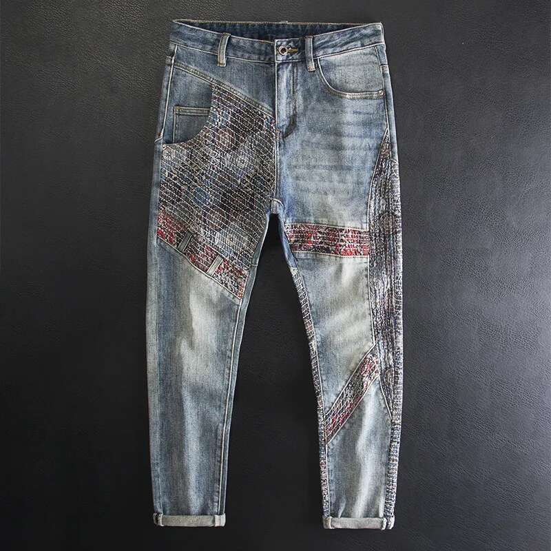 High-End Fashion Personality Men's Jeans With Patchwork Craftsmanship, Embroidery Design, And Printed Street Denim Pants