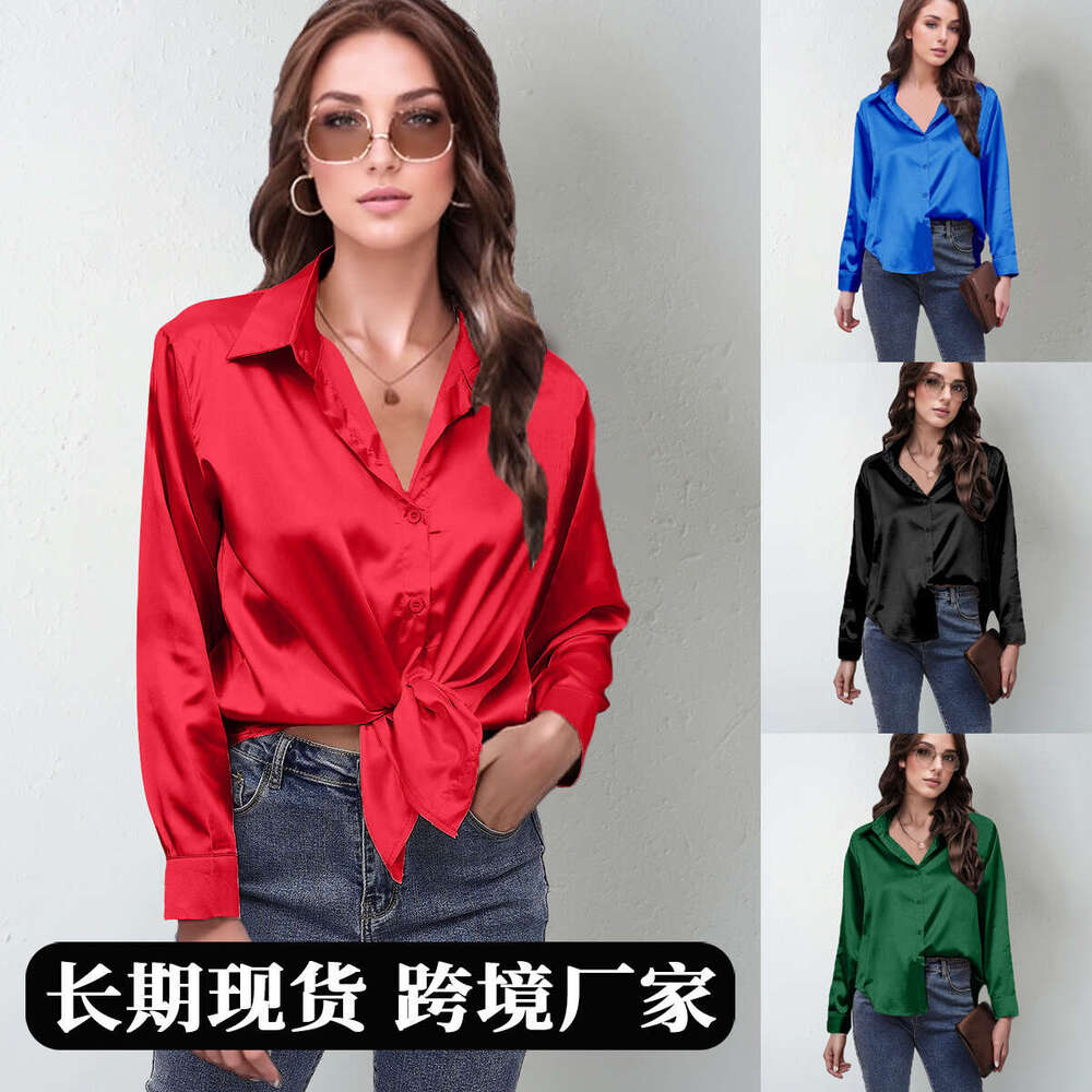 Spring and summer new color satin imitation silk long sleeved shirt, top, women's clothing