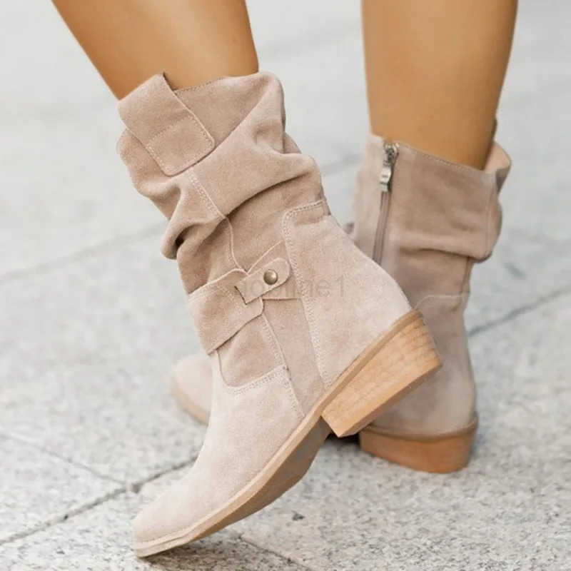 Wern Cowboy Boots 2025 Wen Ankle Boots Low H Suede Boots Metal Buckle Side Zip Size 43 Short Booties Lady Shoes Z250304