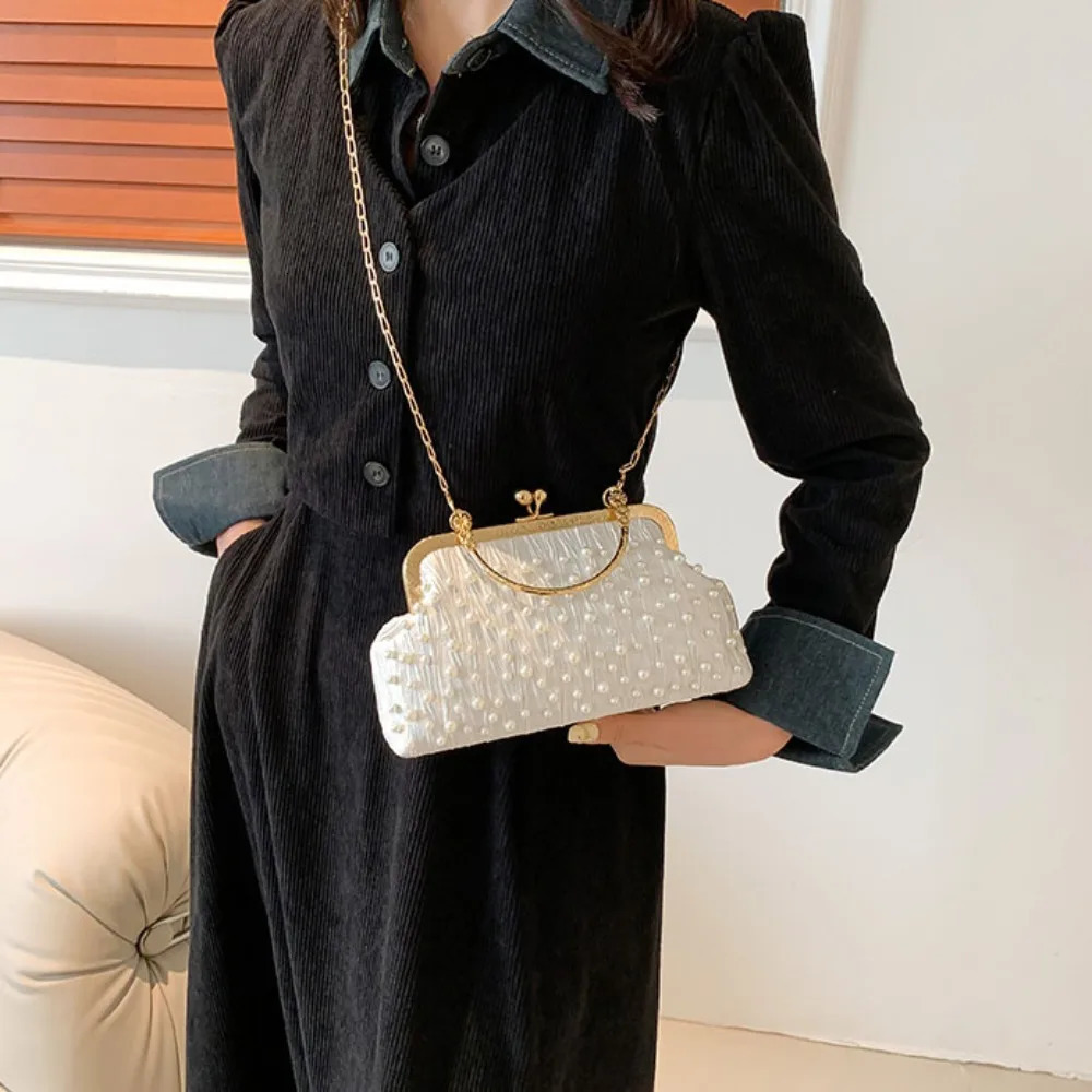 Artificial Pearl Diamond Inlaid Shoulder Bag Metal Chain Messenger Lady Banquet Shell Fashion Evening Handbag 250303