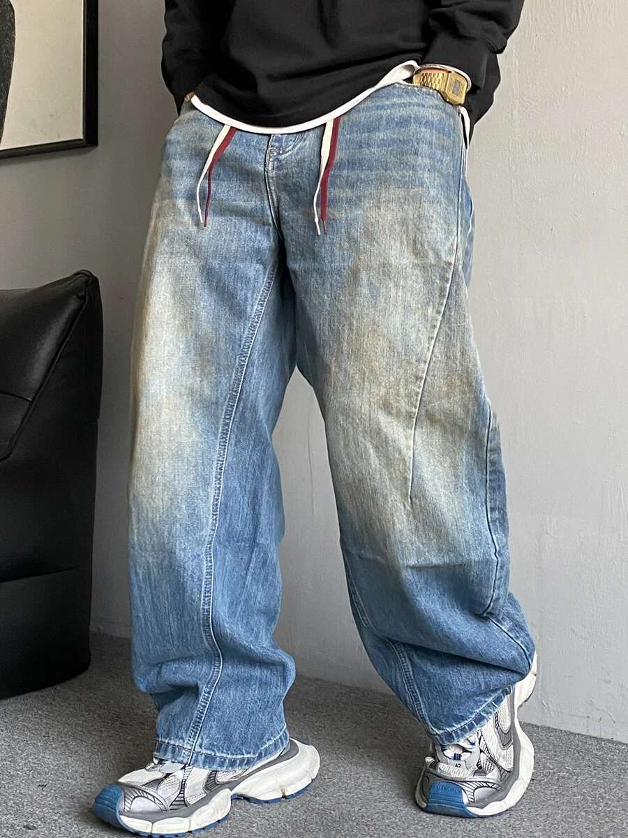 American Streetwear Baggy Jeans For Men Korean Fashion Hip Hop Distressed Denim Cargo Pants Trendy Skateboard Trousers Male