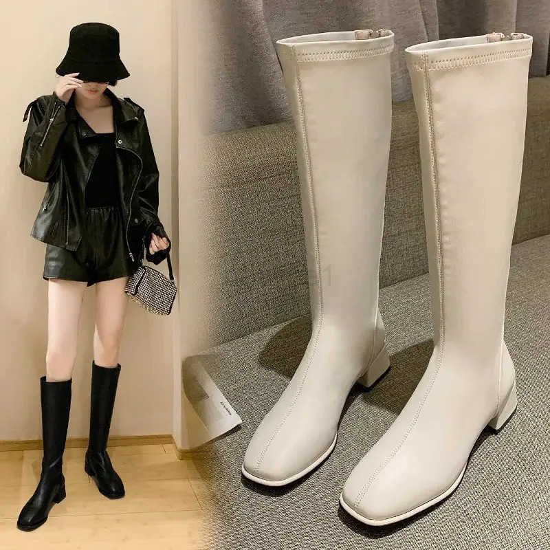 Cemore Large Size 43 Thick Low Heel Knight Knee Boots Wen Elegant Shoes Plush White Autumn Winter 2023 New Leather Long Boot Z250304