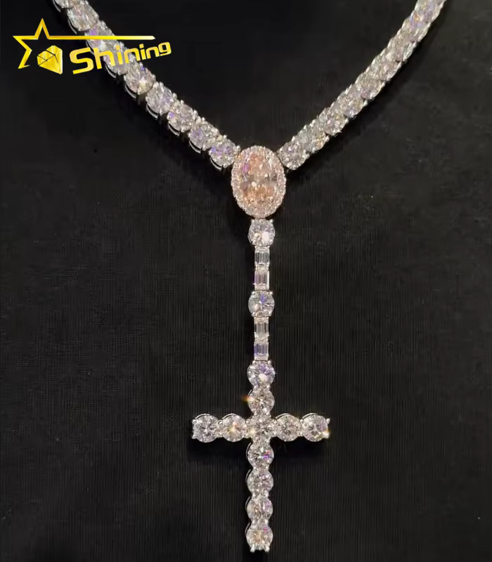 Trendy New Arrivals Iced Out Tennis Chain Set Custom Made Manufacturer VVS Moissanite Dia Cross Pendant Necklace