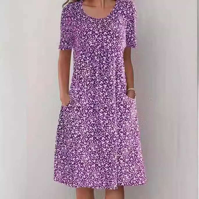 popular European and American French vacation style round neck short sleeved ral mid length dress 2025 new casual fashion trend clothing