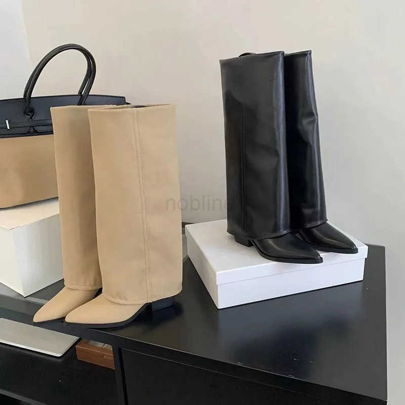 Explosion khaki cloth wide wens knee high boots Dwarf heel long wens shoes pointed wens winter boots Z250304