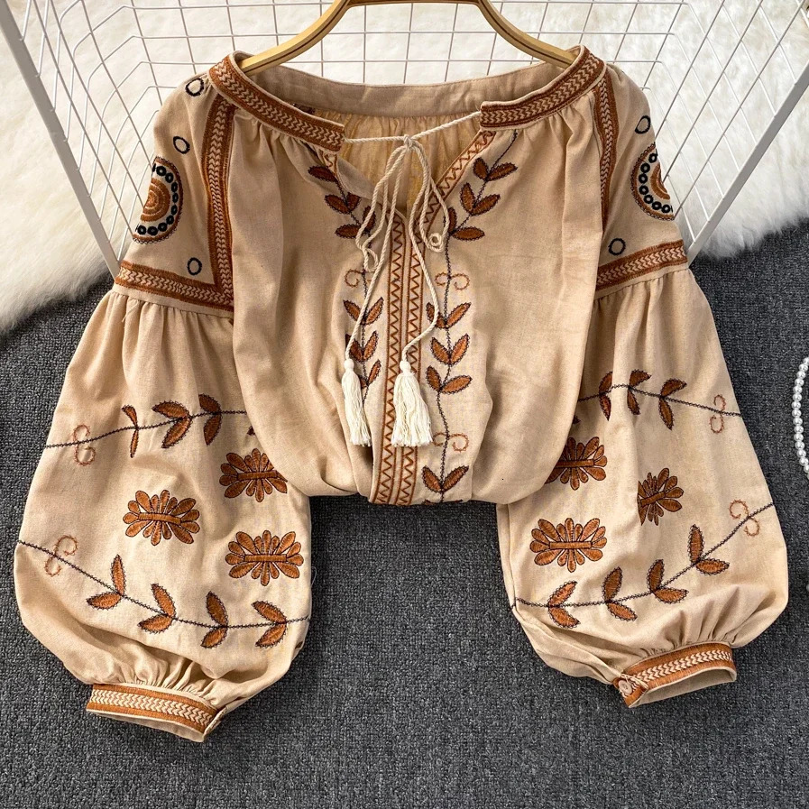 TEELYNN Vintage Long Sleeve Blouses Shirts Women Tops Casual Cotton Linen Floral Embroidery Loose Blouse Summer Boho Beach Blouse 250228