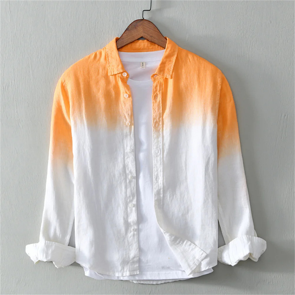 Mens linen casual comfortable long sleeved shirt fashion gradient trend mens oversized 250227