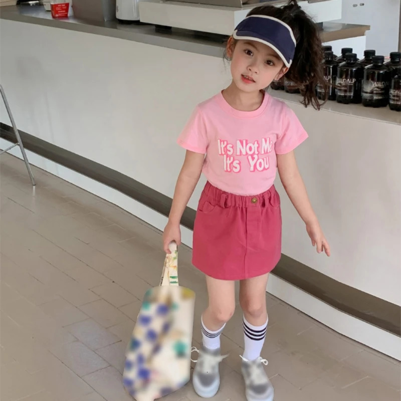 Summer Children Girls Short Sleeved Suit Girls Pink T-shirtSkirt Suits Kids Comfortable Sweet Girls Fashion Casual Clothes Set 250304