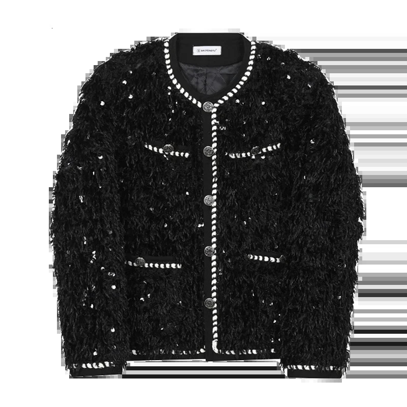 LUZHEN Faux Fur Patchwork n Jacket Trendy Sequins Spliced Thickened Coat Fashion Round Neck Niche Ed83 250304
