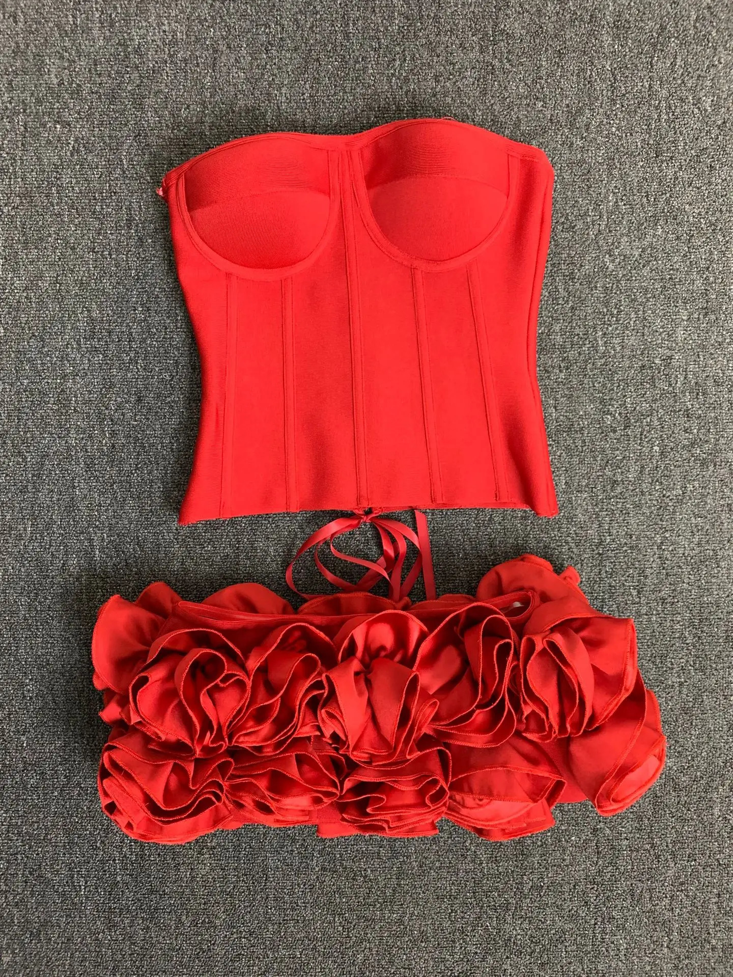 Womens Red Bodycon Mini Bandage Outfits Club Party Strapless Laced Up Back Tops And Short Skirts Two Piece Sets Nightwears 250303