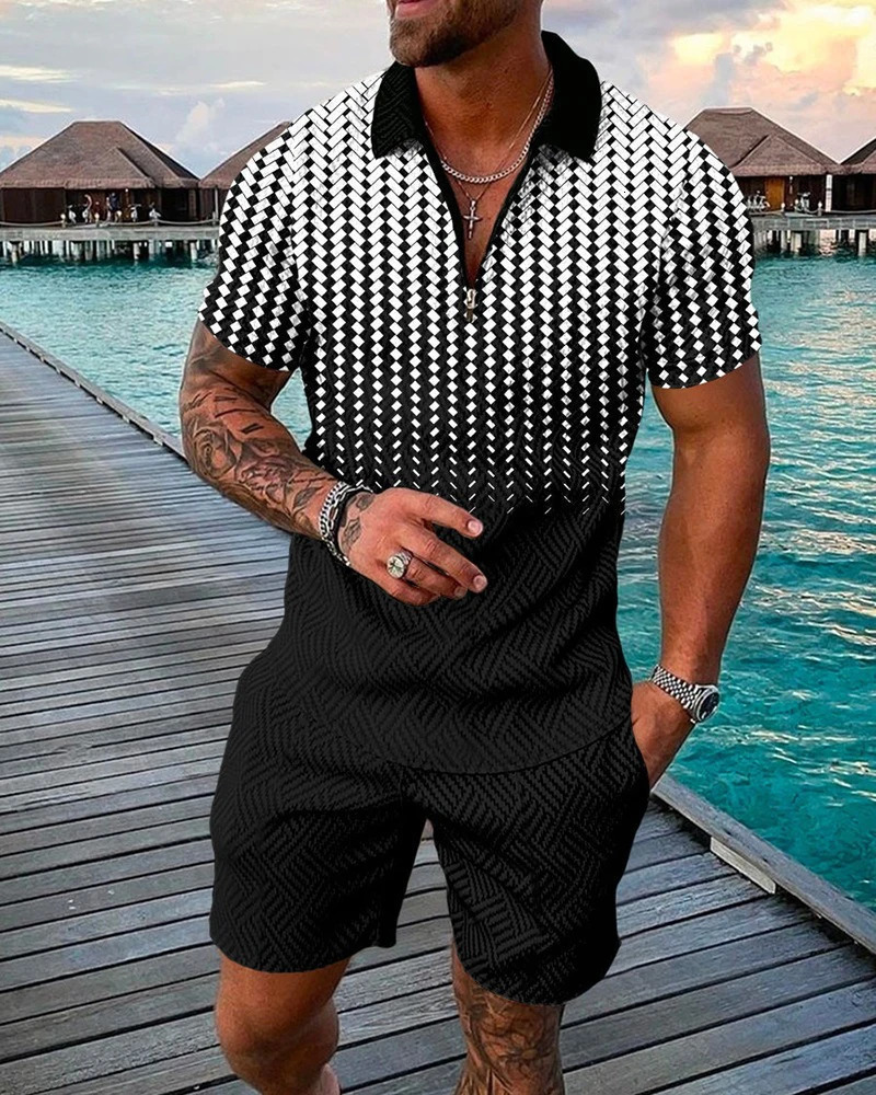 Summer Trend Mens Sweatsuit set Black And White Spot Gradient 3D Print Casual Zipper Polo Shirt Shorts 2pcs Sets Man Clothing 250304
