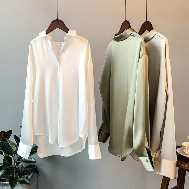 Vintage Women Ribbon Satin Blouse Tops Autumn Spring Turn Down Collar Long Sleeve Button Loose OL Shirts GGFS2 250303