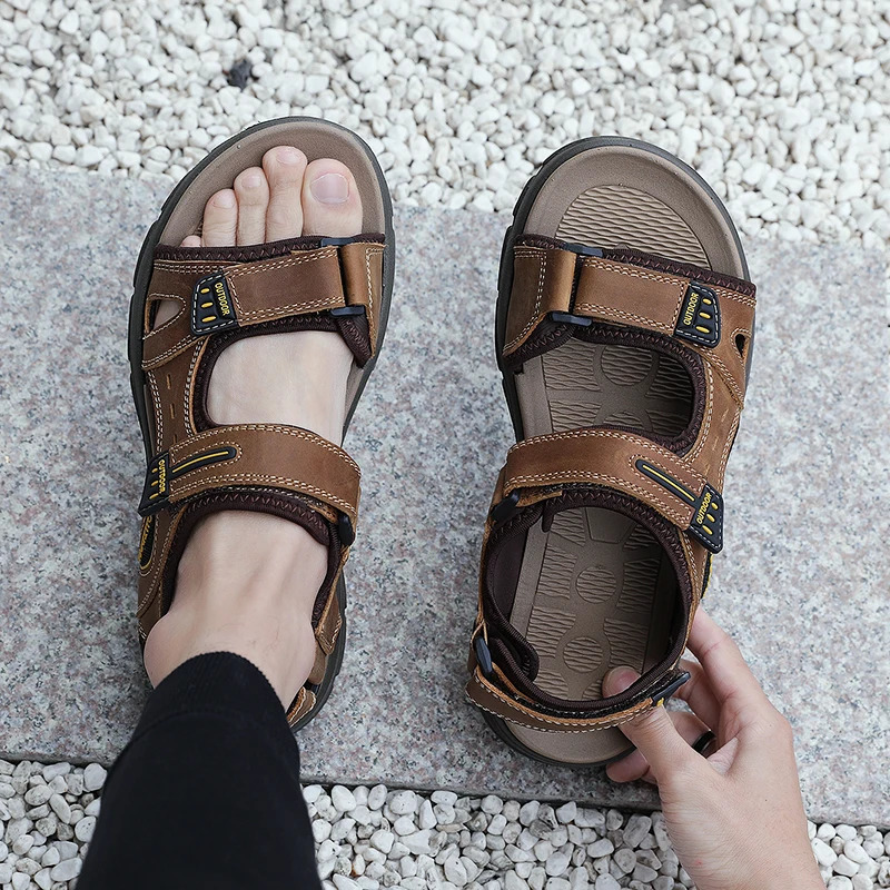 Classic Mens Sandals Summer Genuine Leather Beach Sandals Fashion Mens Casual Shoes Wading Sandals Outdoor Sneakers Plus Size 250303