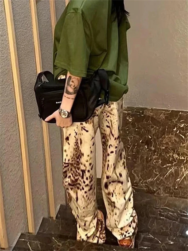 Leopard Print Straight Wide Leg Jeans High Waisted Retro Streetwear Y2k Vintage Pants Street Denim Trousers 250227