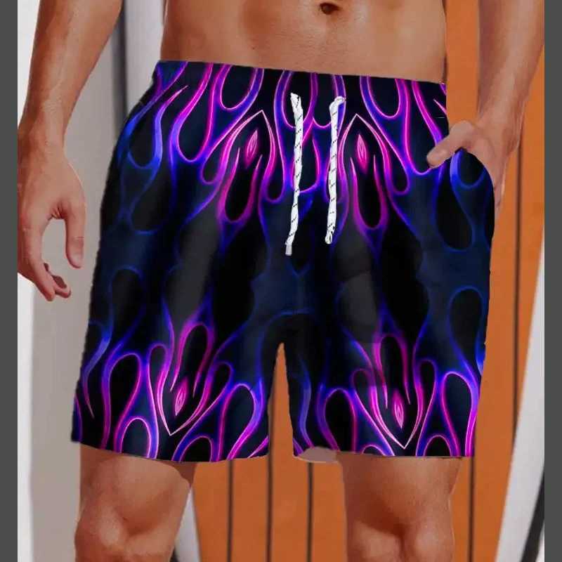 3D Printed Striped Flame Beach Shorts Mens Splicing Grid Pattern Board Shorts Summer Drawstring Breathable Hawaiian Swim TrunksT250304