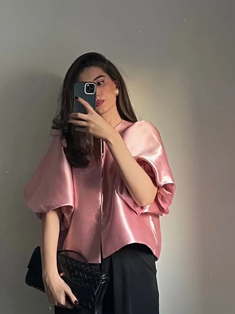 Solid Satin Womens Blouse Top With Pouf Balloon Sleeve Spring Summer Female Sleeves O Neck Loose Short Shirt Female Blouses 250303